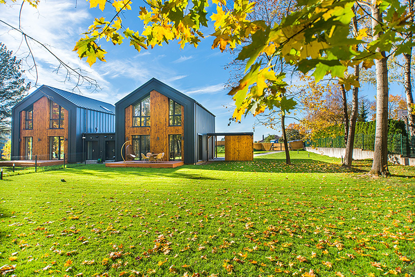 Modern homes on lush yard